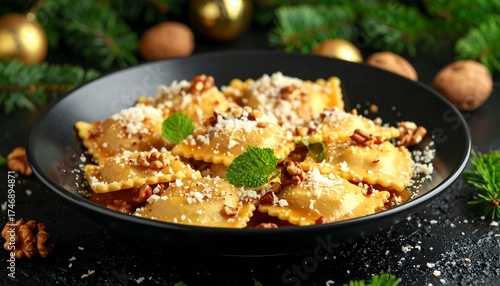 A dark plate showcases prepared ravioli, topped with nuts and cheese. Fresh herbs adorn, with a blurred green backdrop