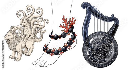 Mythological Creatures and Celestial Instruments in Artistic Composition