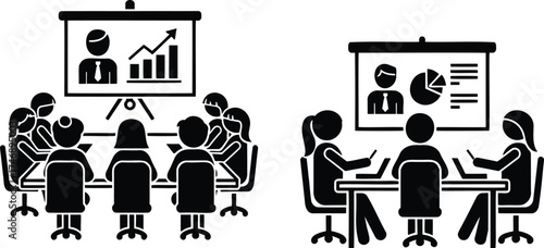 Team Meeting and Training Vector – Business People in Presentation and Discussion Silhouettes