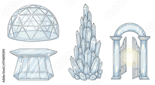 Set of architectural glass and crystal elements on a white background