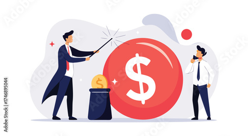 Financial magic trick creating money from a hat.

