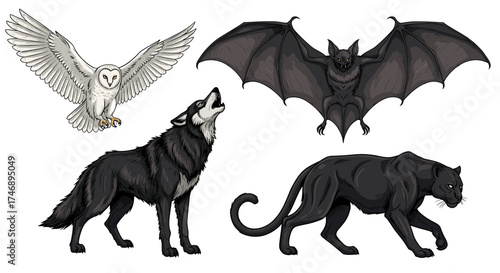 Striking Collection of Animals: Owl, Bat, Wolf and Panther