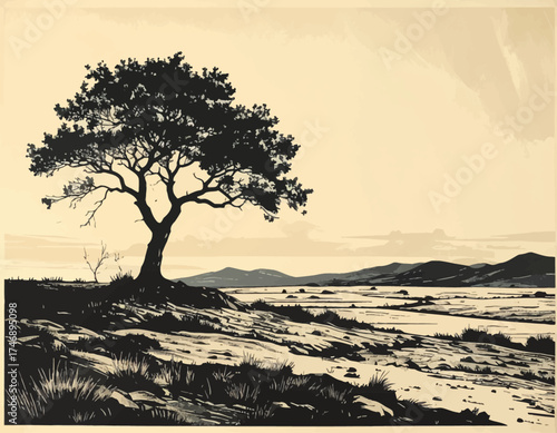 Solitary Tree Silhouette on Hillside Overlooking Vast Barren Landscape and Distant Mountains