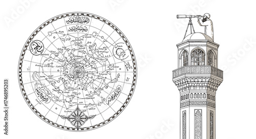 Celestial Observations: Ancient Islamic Map with Astronomer and Telescope Illustration