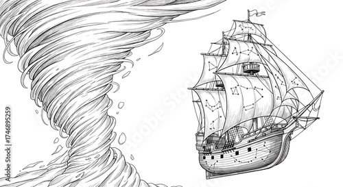 Ship Facing a Cyclone: A Nautical Constellation Illustration