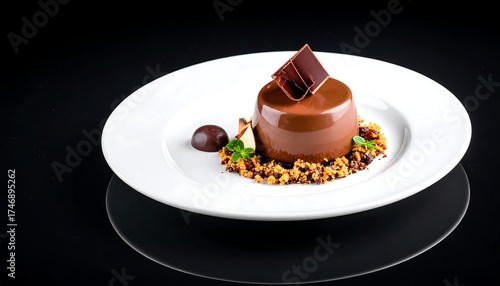 A dark, shiny chocolate dessert on a white plate, garnished with chopped nuts, a chocolate square, and a chocolate truffle