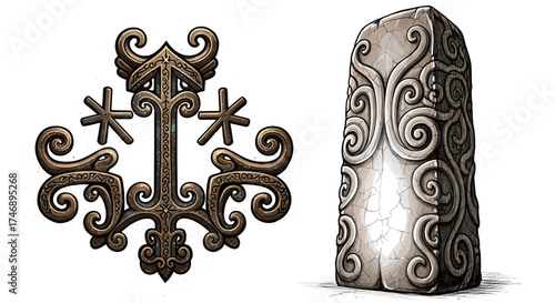 Ornate Cultural Artifacts: Carved Stone Monument and Bronzed Religious Icon