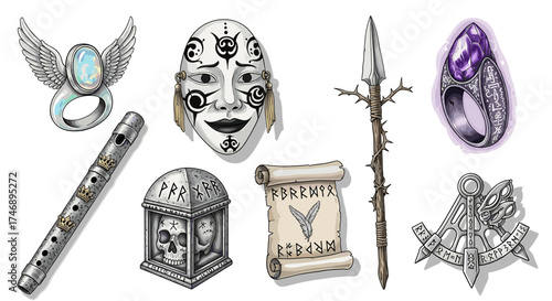 Assorted fantastical objects featuring magical items with various mystical runes