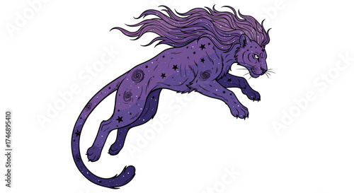 Celestial Leap: A Stellar Lion with Galaxy Design and Flowing Mane