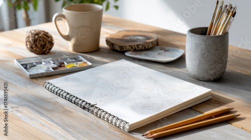 Artistic Workspace with Open Sketchbook, Drawing Tools, and a Warm Cup of Coffee on Wooden Table