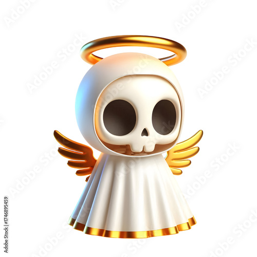 Cute 3d skeleton wearing ghost cloak surrounded by a golden halo isolated on white background
