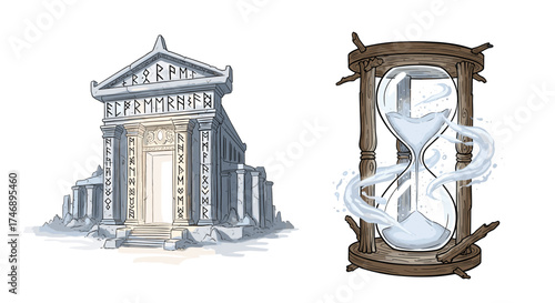 Ancient Temple and Hourglass: A Mythic Journey Through Time