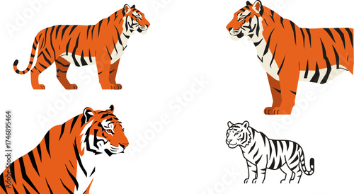 Four tigers in different poses and styles against a stark black background art