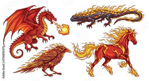 Mythical fire animals: dragon, salamander, raven and a horse blazing.