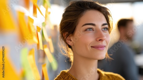 Thoughtful Young Woman Smiling While Looking at Colorful Sticky Notes in a Bright Workspace
