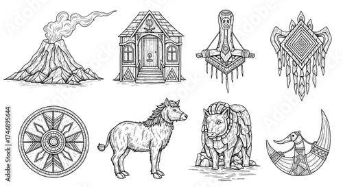 Collection of black and white fantasy sketches with diverse mythical elements