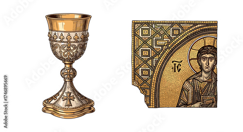 Ornate golden chalice and Byzantine mosaic icon image