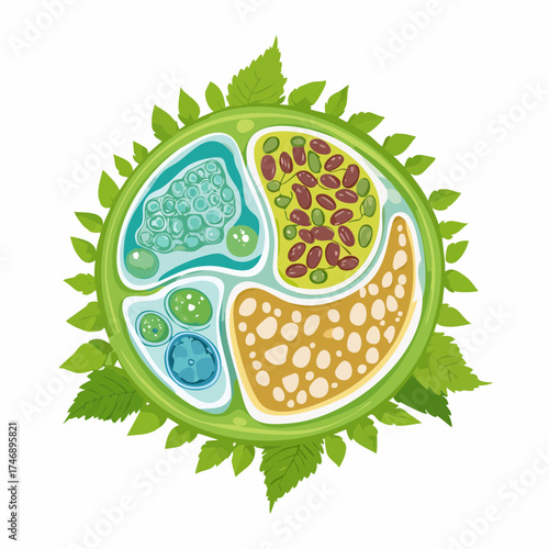 Illustration of a plant cell with detailed organelles and structures on a white background.