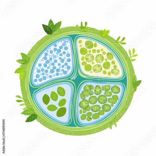 Illustration of a green cell with four sections containing various sized circles in shades of green and blue on a white background.