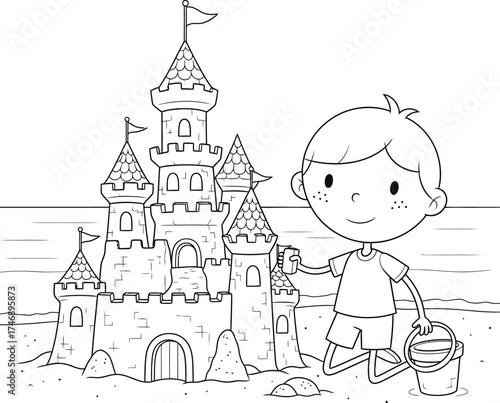 Happy Boy Building a Grand Sandcastle at the Beach - Outline Illustration of a Child Enjoying Summer Vacation and Creative Play, Coloring Page