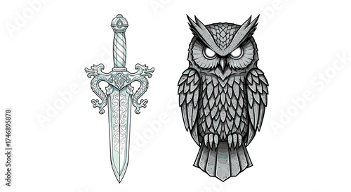 Dragon hilted dagger alongside a majestic stone owl illustration art