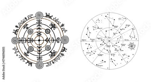 Mystical Celestial Designs: Astrological Chart and Ancient Symbol