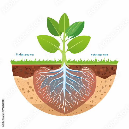 Infographic illustration of a plant with roots and soil layers on a white background.