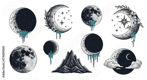 Celestial Moon Phases Vector Illustration with Stars, Flowers and Mountains