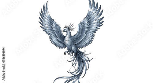 Majestic Silver Phoenix Rising, Wings Spread Against White Background