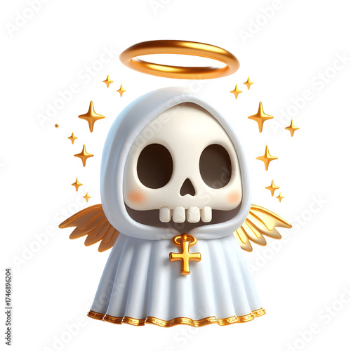 Cute 3d skeleton wearing ghost cloak surrounded by a golden halo isolated on white background