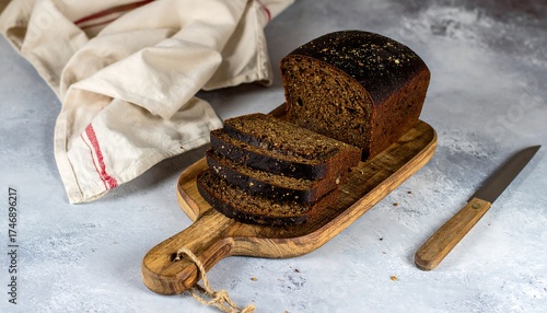 A dark, sliced loaf of bread rests on a wooden board. A knife and linen cloth are also present