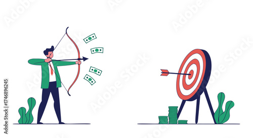 Man shooting arrows at a money target to achieve financial goals.

