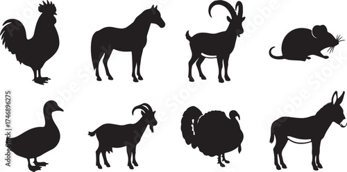 Collection of farm animal silhouettes rooster horse goat rabbit duck turkey donkey vector