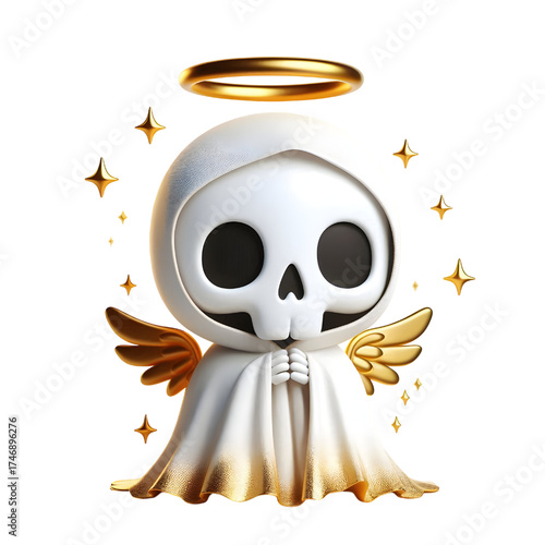 Cute 3d skeleton wearing ghost cloak surrounded by a golden halo isolated on white background