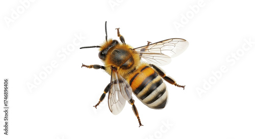 Isolated closeup of a honeybee, macro of a bee with antennae and striped abdomen, apiculture