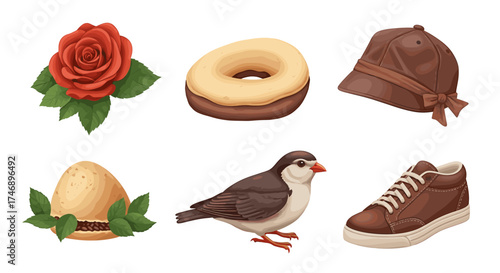 Whimsical still life featuring rose, donut, hat, dessert, bird, and shoe
