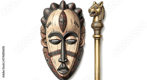 Symbolic African Artwork Featuring a Wooden Mask and Golden Scepter