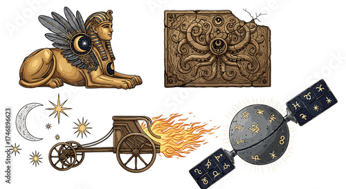 Mystical Collection Featuring Sphinx, Stone Tablet, Chariot, and a Zodiac Satellite