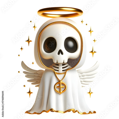 Cute 3d skeleton wearing ghost cloak surrounded by a golden halo isolated on white background