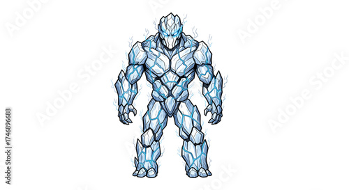 Ice Golem Standing Ready, Power Emanating From Within, Isolated Illustration.