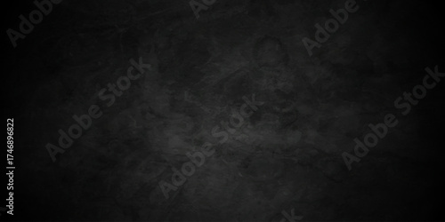 Dark black grunge textured concrete background. Panorama dark grey black slate background or texture. Vector black concrete texture. Stone wall background.	