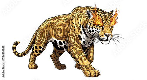 Fierce jaguar with flaming eyes stalks forward across the white background.