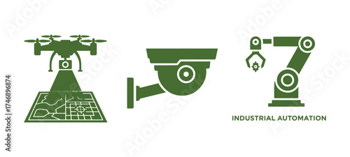 Drone with Map Security Camera and Robotic Arm Icons for Industrial Automation Keywords: drone, map, security camera, robotic arm