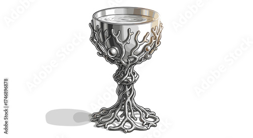 Elaborate Silver Chalice Filled with Liquid on a White Background