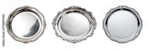 Elegant antique silver serving platters with ornate details, illuminated by studio light for a luxurious feel, PNG set with transparent background
