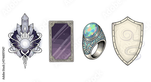 Magical Artifacts Collection: Crystal, Mirror, Ring, and Shield Artwork