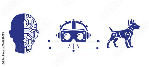 Futuristic technology icons: AI head, VR headset, and robotic dog artificial intelligence