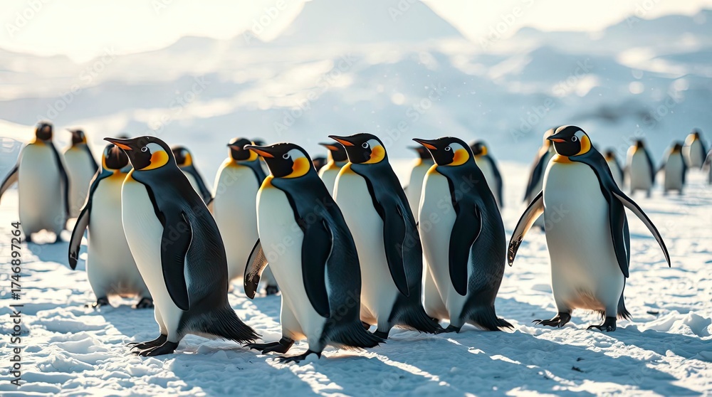 Obraz premium Vibrant cinematic penguins, lively snow scene with film-like lighting