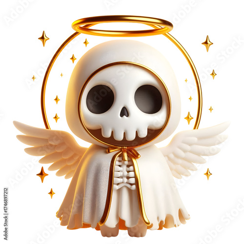 Cute 3d skeleton wearing ghost cloak surrounded by a golden halo isolated on white background