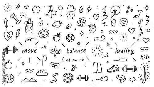 Doodle simple elements. Cute line dumbbells, yoga mats, water bottles, fruits, running shoes, heartbeat lines. Vector sketch hand drawn set
